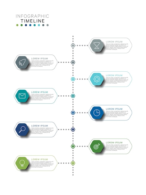 Modello di infografica timeline verticale con elementi multicolori esagonali in colori piatti