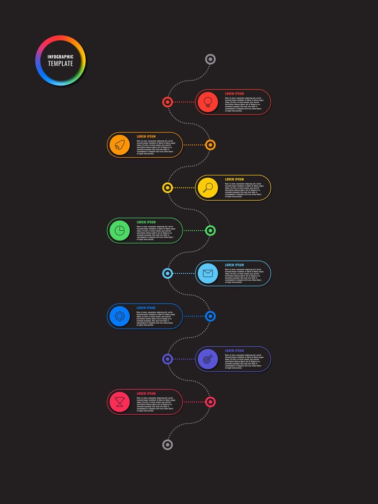 Vector vertical timeline infographic template with round elements on black background modern business