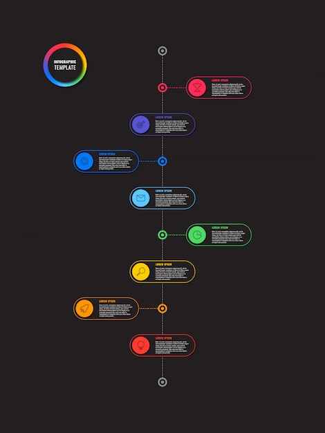 검은 배경에 라운드 요소와 수직 타임 라인 infographic. 마케팅 라인을 통한 현대적인 비즈니스 프로세스 시각화