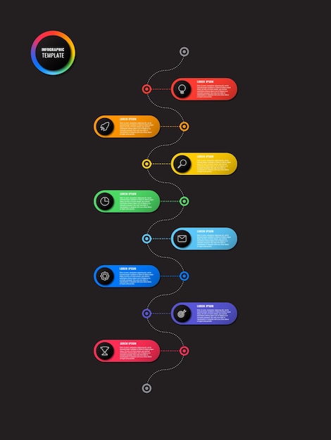 Vertical timeline infographic with round elements on black background modern business process