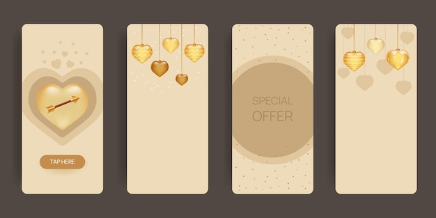 Vertical valentines day banners with golden hearts and arrow inside Web template design set Vector