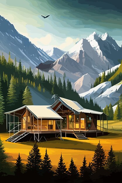 Vector vertical vector illustration of a mountain landscape with camping in nature vector illustration