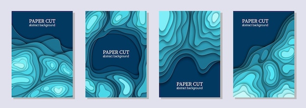 Vertical vector set of 4 blue flyers with paper cut shapes 3D abstract paper art layout for business