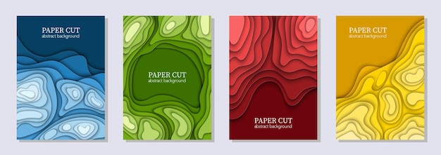 Вертикальный векторный набор из 4 красочных флаеров с волнами, вырезанными из бумаги, 3d абстрактное бумажное искусство