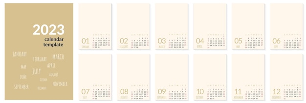Modello di calendario da parete verticale per l'anno 2023 set di 12 mesi la settimana inizia la domenica planner in stile minimalista con posto per foto pagina del calendario vettoriale