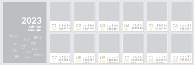 Vertical wall calendar template for 2023 year set of 12 months week starts on sunday planner in minimalist style with place for photo vector editable corporate and business calendar page template