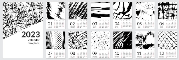 ベクトル 2023 年の縦型壁掛けカレンダー テンプレート 12 ヶ月のセット 週は日曜日に始まります 写真用の場所を備えたミニマリスト スタイルのプランナー ベクトル編集可能な企業およびビジネス カレンダー ページ テンプレート