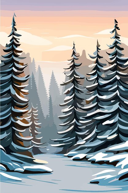 Vector vertical winter forest landscape christmas background pine snow trees woods vector illustration