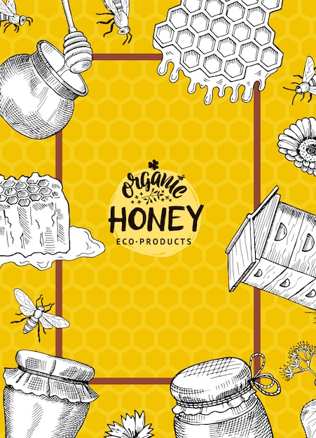 verticale afbeelding of folder sjabloon met hand getrokken honing elementen voor honing boerderij of winkel met logo en frame op honingraten achtergrond