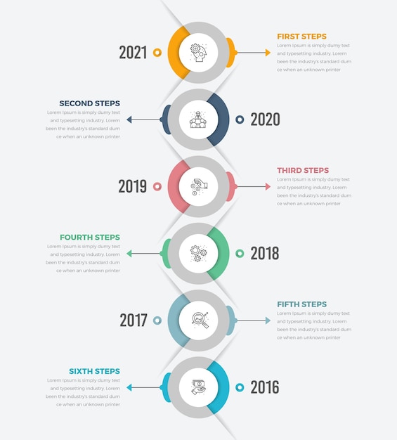 Verticale cirkel infographics tijdlijndiagram met zes stappen icoon