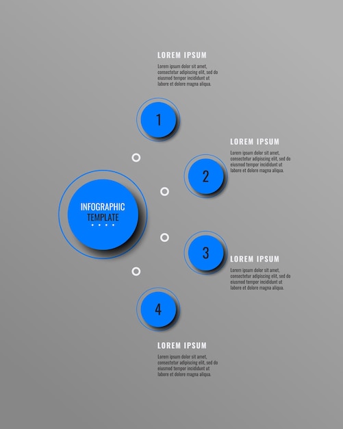 Verticale grijze zakelijke infographic sjabloon met vier diepblauwe ronde elementen en tekstvakken