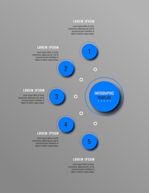 Verticale grijze zakelijke infographic sjabloon met vijf diepblauwe ronde elementen en tekstvakken