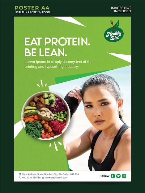 Verticale groene kleur poster sjabloon voor eiwitdieet en sportschool met vrouw eps vector - A4-formaat