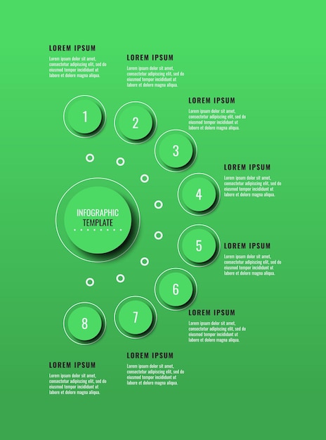 Verticale infographic sjabloon met acht groene ronde elementen op een groene achtergrond