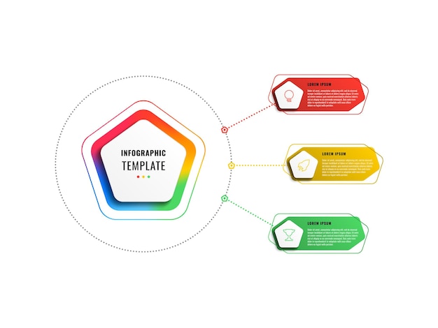 Verticale infographic sjabloon met drie veelkleurige vijfhoekige elementen op een witte achtergrond