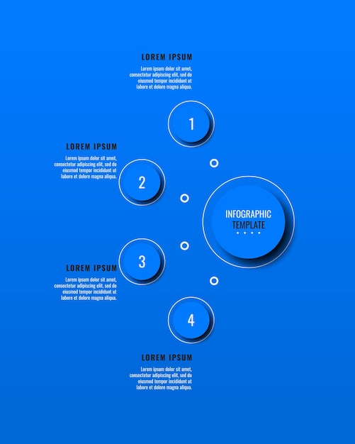 Verticale infographic sjabloon met vier blauwe ronde elementen op een blauwe achtergrond