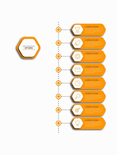 Verticale infographic tijdlijnsjabloon met acht oranje zeshoekige elementen op een witte achtergrond