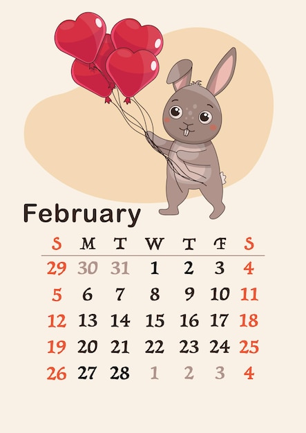Verticale kalender 2023. Maand februari. De haas houdt een bos ballonnen vast.