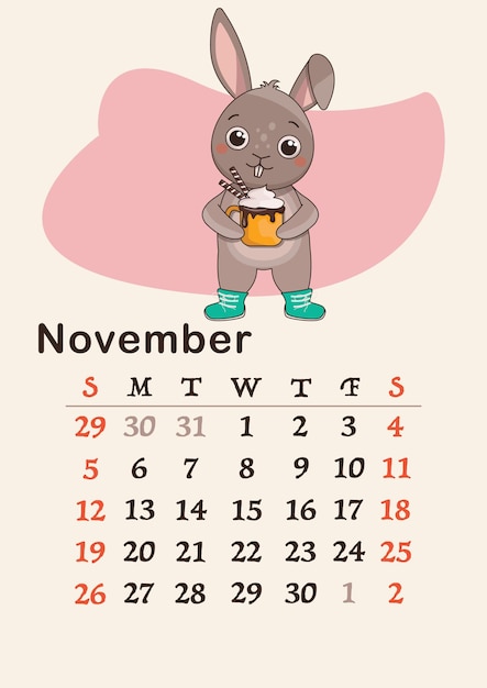 Verticale kalender 2023. Maand november. Een haas in warme laarzen houdt een mok met een warme, smakelijke drank vast.