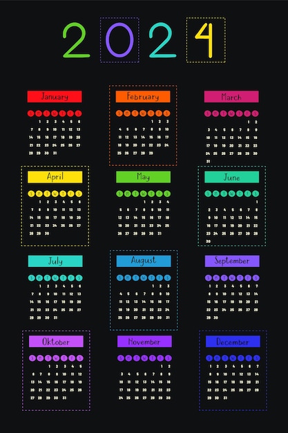 Verticale kalender 2024 op zwarte achtergrond met regenboogmaanden