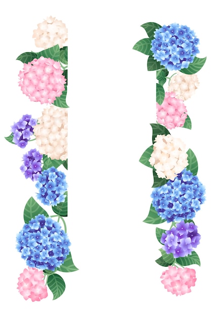 Vector verticale kleurrijke hortensia sjabloon ontwerp banner platte vectorillustratie op witte achtergrond.