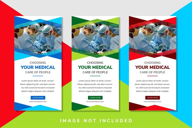 Verticale lay-out van webbanner sjabloonontwerp voor promotie van uw arts drie variatiekleuren om te kiezen zijn rood, groen en blauw, zeshoekige vorm van ruimte voor foto