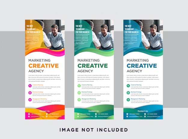 verticale lay-out van webpagina banner met ruimte voor foto. Set van creatieve marketingbureau van banner met kleurovergang golvende vorm en papercut frame.