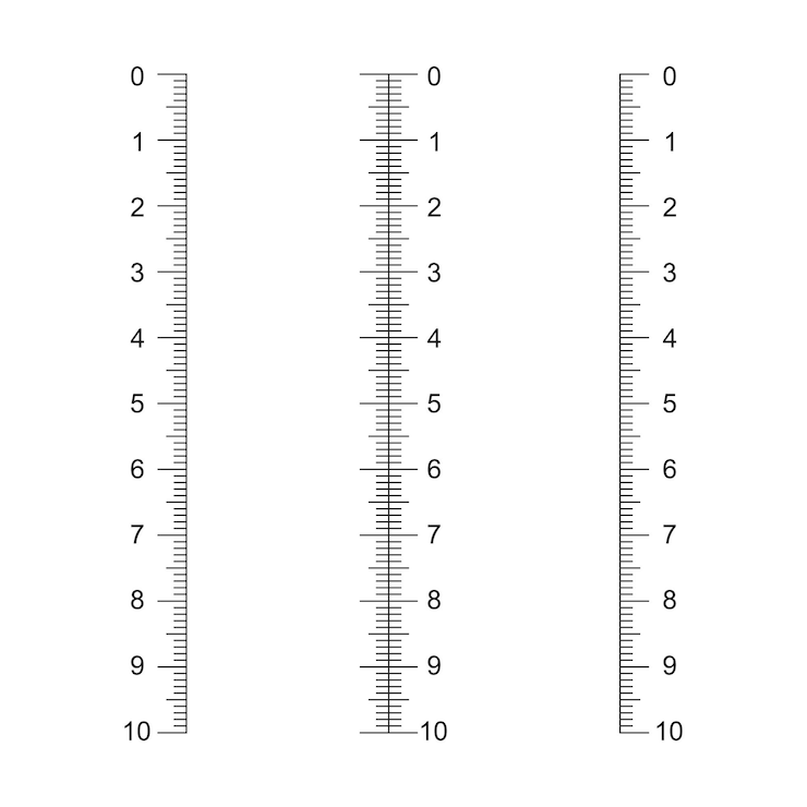 Vector verticale liniaal schaal met 10 centimeter markering meting grafiek sjablonen afstand meting