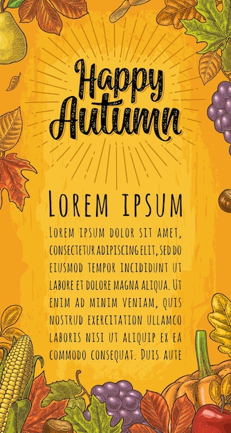 Verticale poster met set bladfriuits groenten gravure Happy Autumn