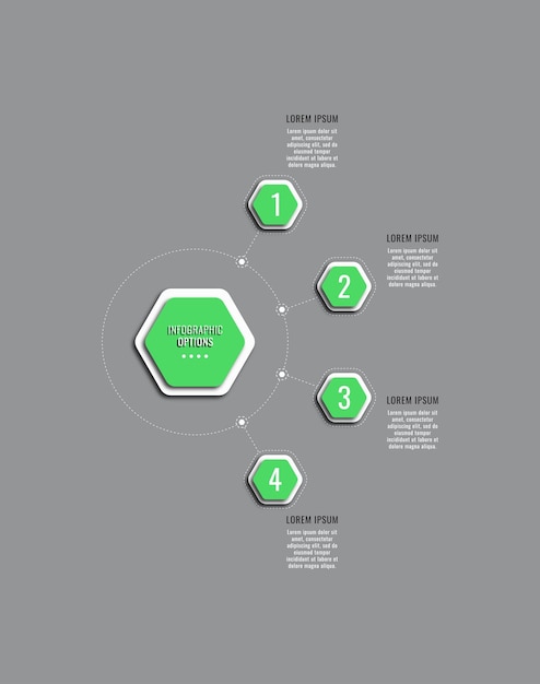 Verticale zakelijke infographic sjabloon met vier groene zeshoekige elementen op een grijze achtergrond