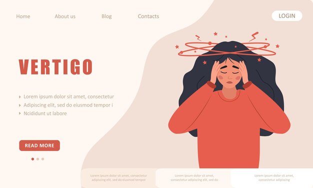 Vertigo concept Landing page template Sad woman with dizziness Unhappy girl suffers from headache