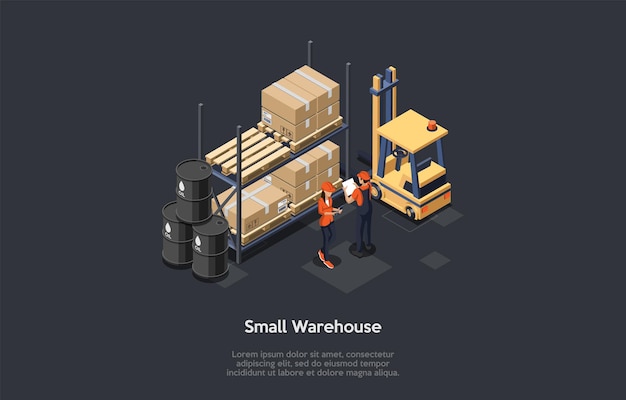 Vervaardiging en opslagconcept. vrouwelijke en mannelijke personages in uniform werken in het kleine magazijn. vaten met olie, dozen op de pallets en vorkheftruck. kleurrijke 3d isometrische vectorillustratie.