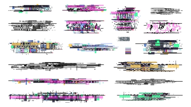 Verval signaal. Glitch-graphics, verzameling van tv-ruissignalen. Retro pixeltelevisiefout, schermvideoschade. Techno bug achtergrond, grunge desintegratie op display vectorillustratie