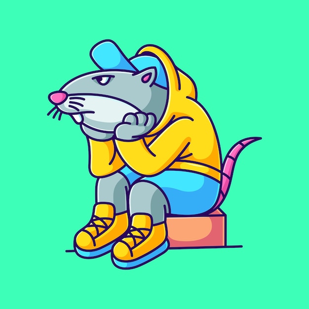 Verveelde muis zittend op een doos vector illustratie cartoon muis die kleren draagt