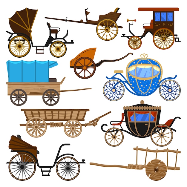 Vector vervoer vintage vervoer met oude wielen en antieke transport illustratie set