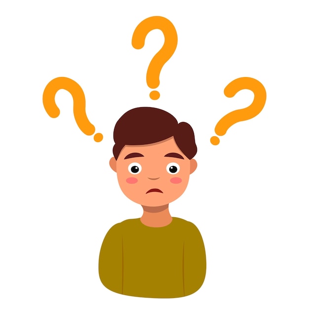 Verwarde man gezicht Eenvoudige platte vectorillustratie van vraag dilemma probleem concept geïsoleerd op wit cartoon karakter bedrijf vragen analyse mark