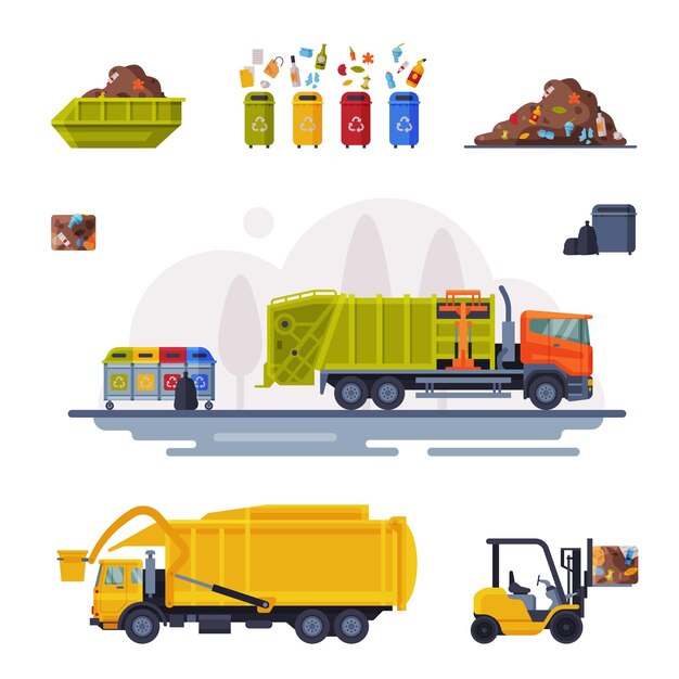 Vector verwerking van afval van verzameling tot recycling platte vector illustratie