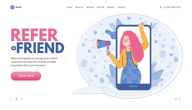 Verwijs een vriend concept van website banner met cartoon vrouw vectorillustratie