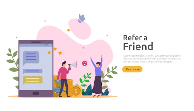 Verwijs een vriend strategie en affiliate marketing concept. mensen karakter delen verwijzing zakelijke samenwerking en verdien geld. sjabloon voor web-bestemmingspagina, banner, poster, gedrukte media