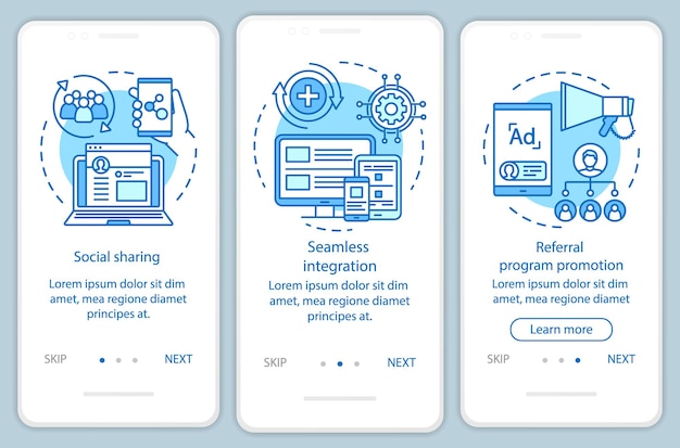 Verwijzingsprogramma belangrijke items onboarding mobiele app paginascherm met lineaire concepten. Grafische instructies in drie stappen. Aantrekkingskracht van de klant. UX, UI, GUI vectorsjabloon met illustraties