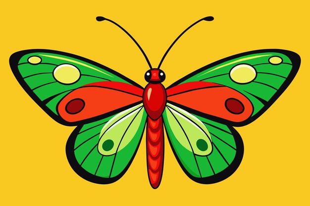 Very beautiful red green orange butterfly on yellow background vector illustration