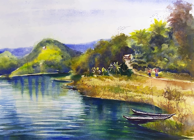湖、木々、山々の水彩画の風景旅行場所自然風景イラストの非常に美しい景色