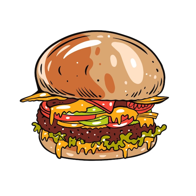 Very big burger or hamburger with cheese and tomato colorful cartoon vector illustration isolated on...