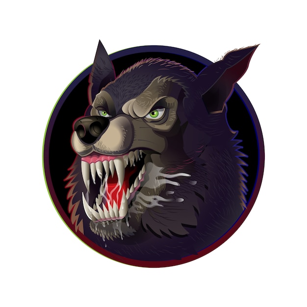 Very dangerous angry icon face wild wolf dog which aggressive show big sharp teeth.