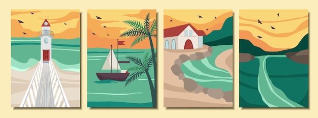 verzameling abstracte posters met zomerse landschappen