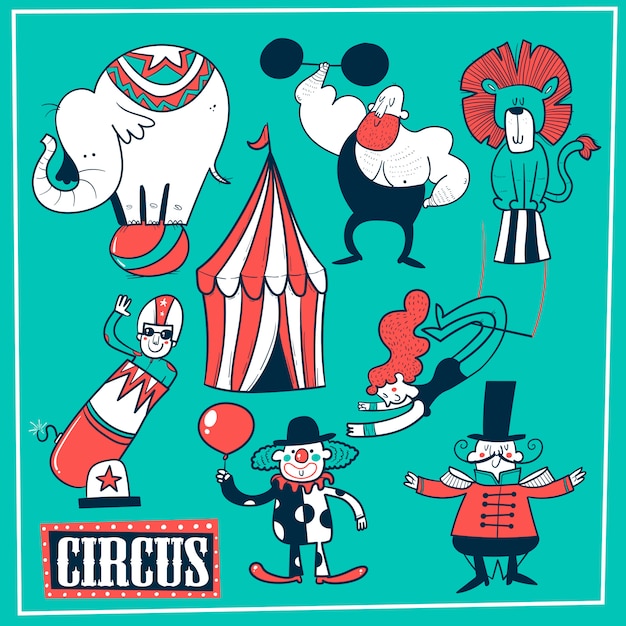 Vector verzameling circustent en grappige showartiesten - clown, sterke man, acrobaten, trapezekunstenaar. vector illustratie in cartoon-stijl.