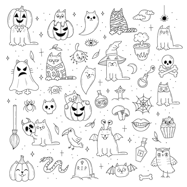 Verzameling elementen voor halloween. mystieke enge objecten. katten, pompoenen, spoken, drankje. doodle stijl illustratie