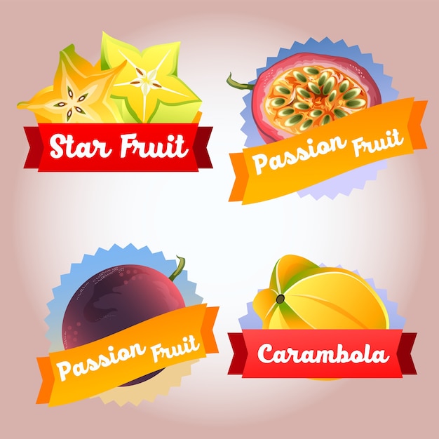 Verzameling fruit passievrucht en ster fruit badge