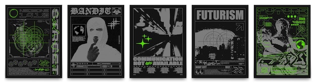 Vector verzameling futuristische posters stijlvolle prints in technostijl voor streetwear