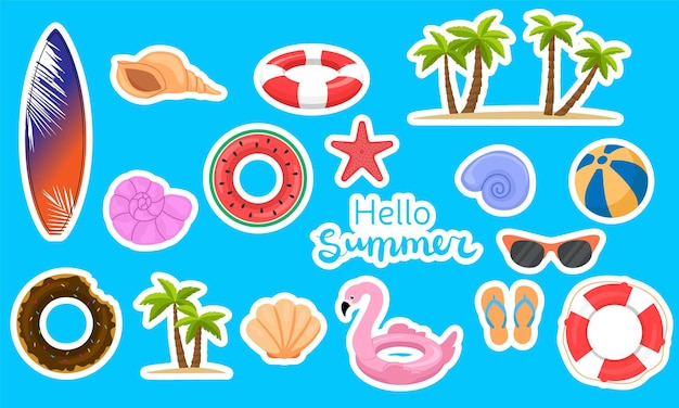 Verzameling Hallo zomerstickers of clip art Lifebuoy ball shell zonnebril palm flamingo